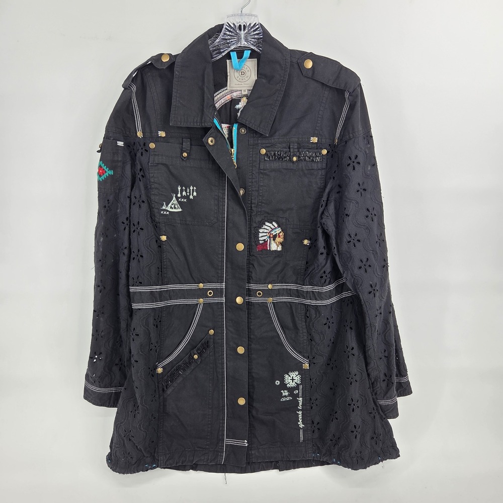 Double D Ranch Jacket M Black Eyelet Boho Eclectic Embroidered Beaded Utility